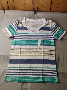 croft & barrow White Striped Tee with Blue, Teal, and Olive Stripes